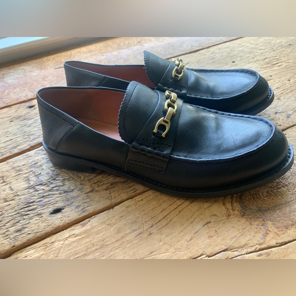 Coach Black Leather Loafers with Gold Logo Chain